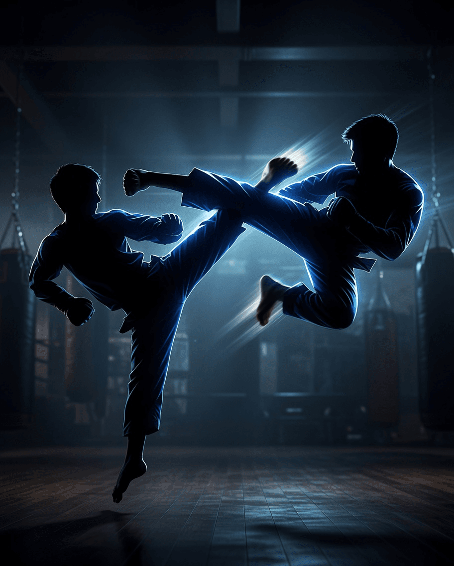 Two Taekwondo athletes sparring at Top Level Taekwondo in Miami