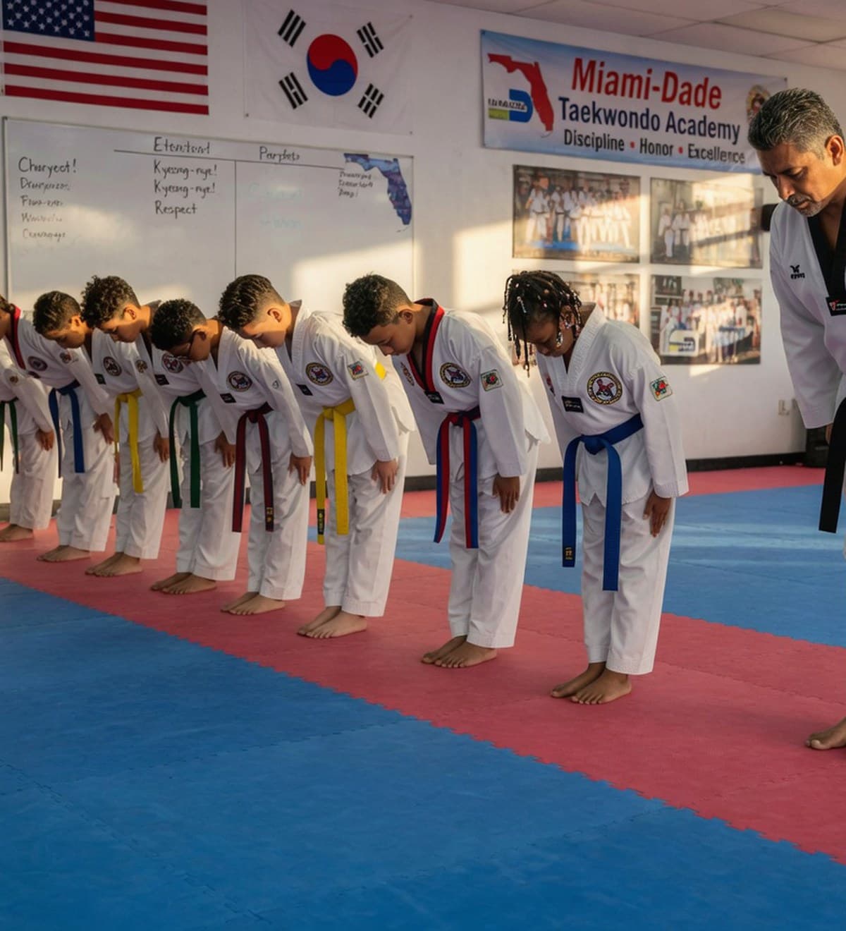 TLT instructor with young students at Top Level Taekwondo in Miami