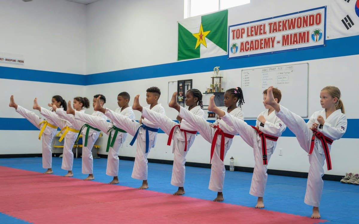 Youth students practicing kicks together in the dojang