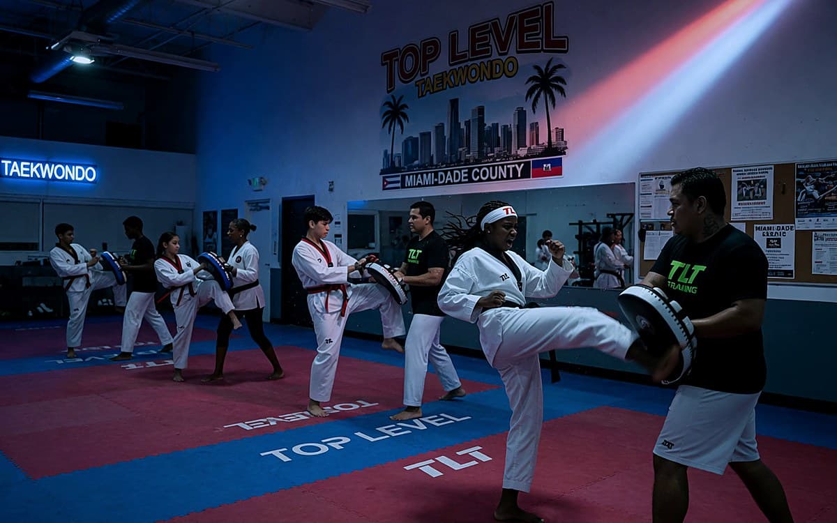 Teen and adult students training with kicking pads