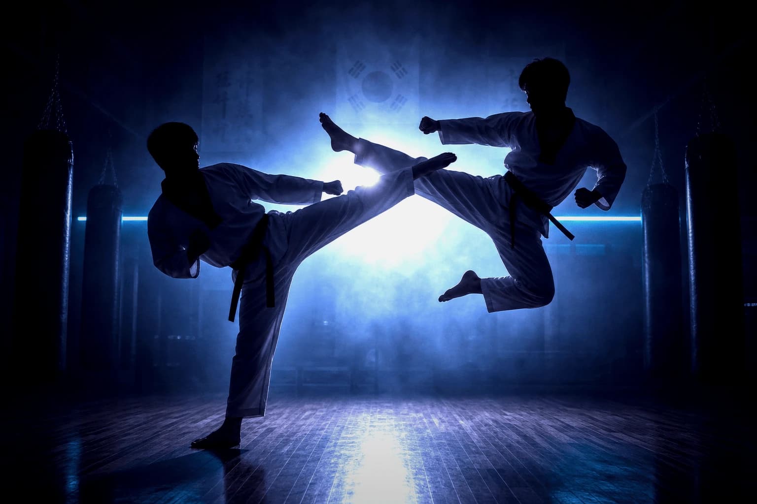 Two Taekwondo athletes sparring at Top Level Taekwondo in Miami