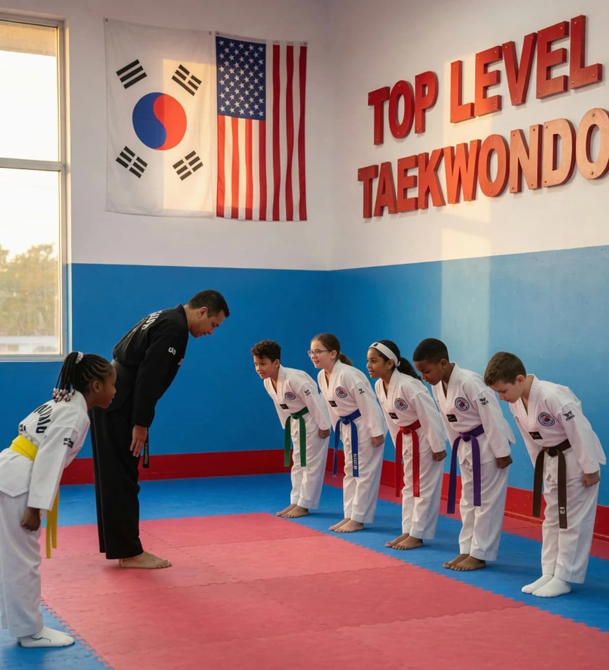 TLT instructor with young students at Top Level Taekwondo in Miami