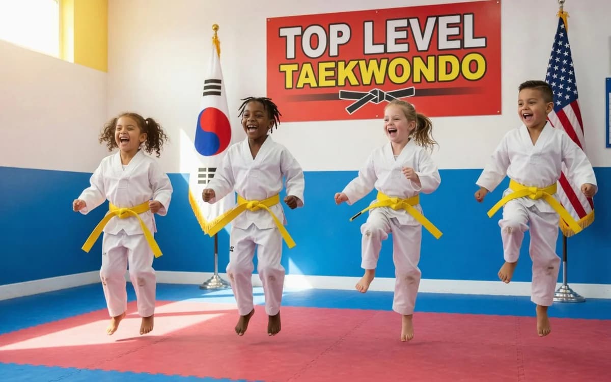 Preschoolers laughing during a playful taekwondo drill