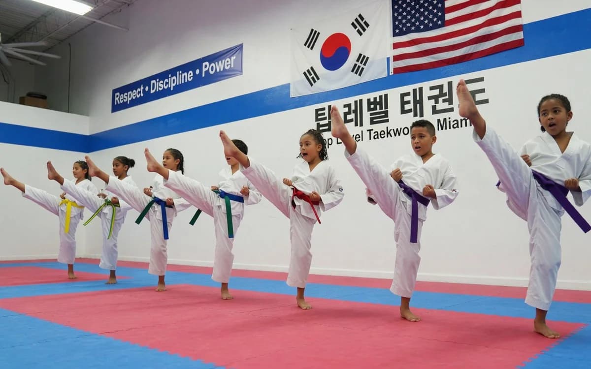 Youth students practicing kicks together in the dojang